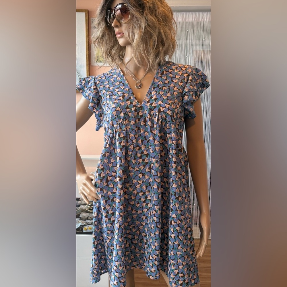 SKUE Blue Patterned Ruffle Sleeve Dress In size Small
